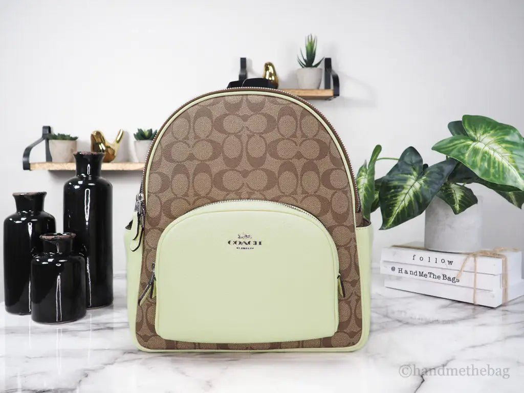 Coach Court Signature Leather Khaki Pale Lime Medium Backpack