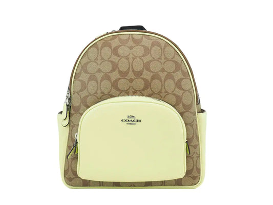 Coach Court Signature Leather Khaki Pale Lime Medium Backpack