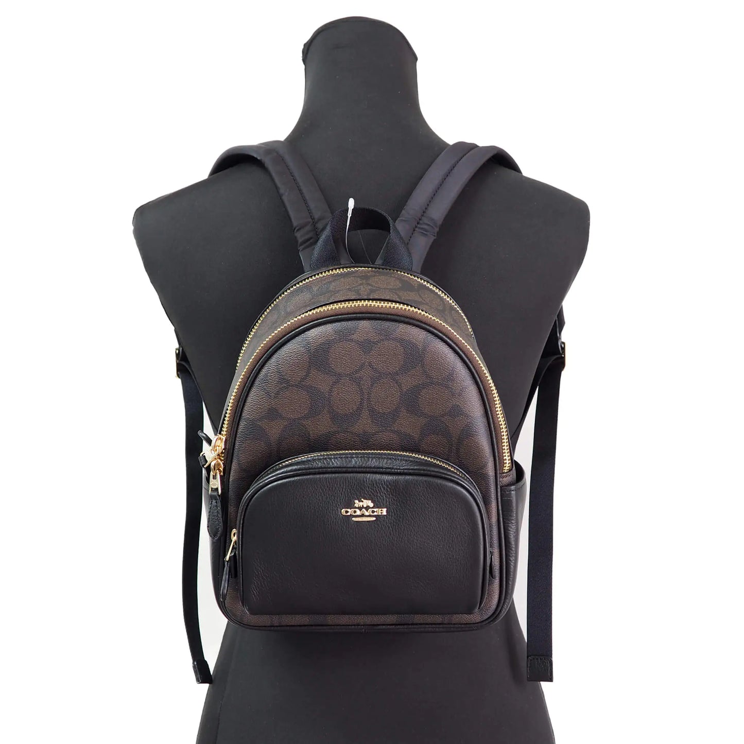 Coach (C8604) Mini Court Brown Black Signature Coated Canvas Backpack Bag