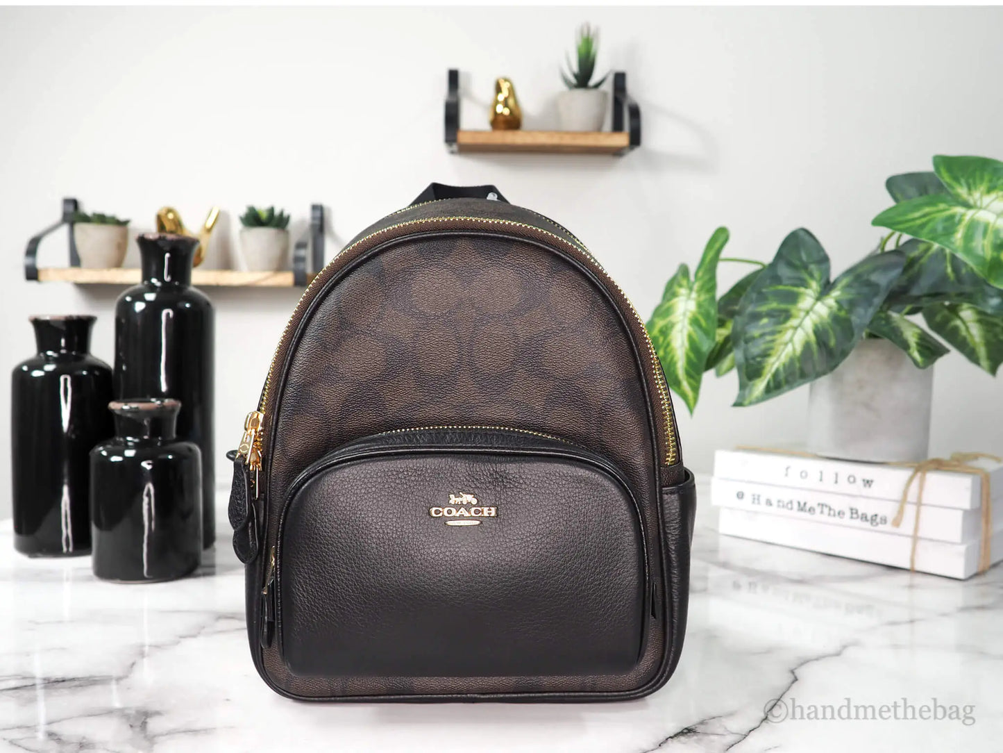 Coach (C8604) Mini Court Brown Black Signature Coated Canvas Backpack Bag