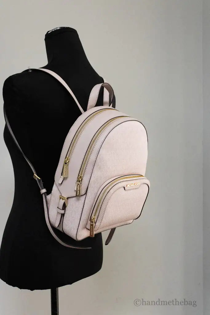 Michael Kors Jaycee Medium Light Powder Blush Signature PVC Zip Pocket Backpack Bookbag