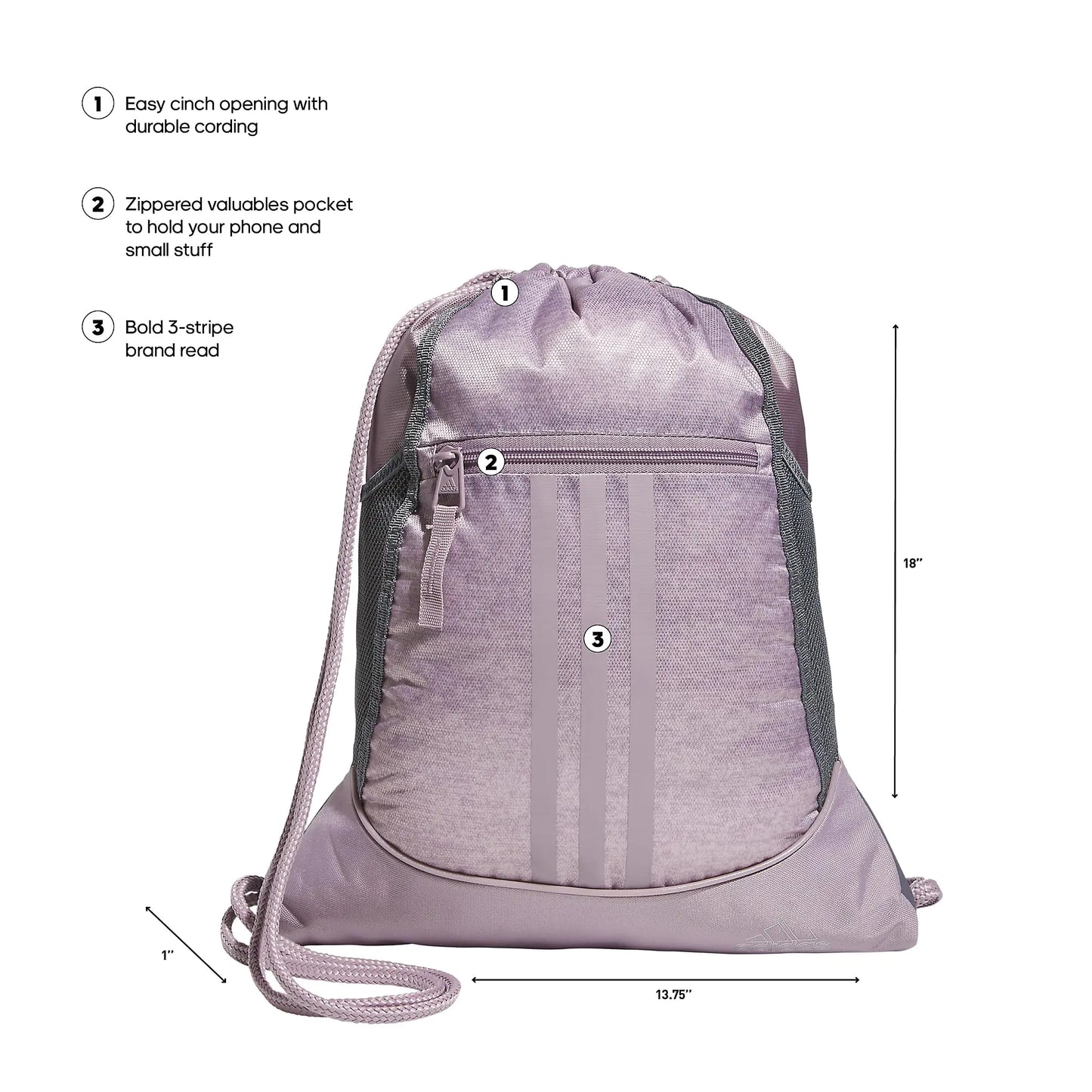 adidas Alliance Sackpack Drawstring Backpack Gym Bag, Jersey Preloved Fig Light Purple/Preloved Fig Purple/Silver Metallic, One Size